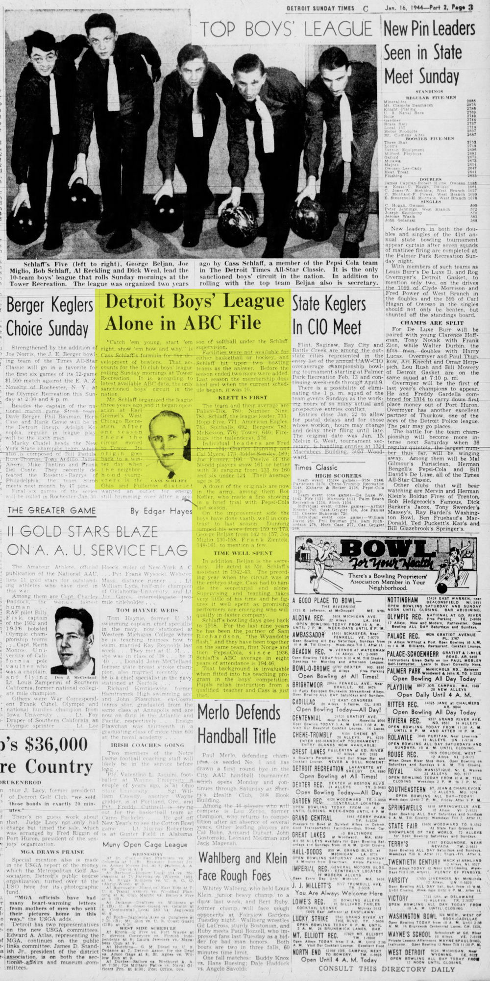 Tower Recreation - Detroit Evening Times Sun Jan 1944 Boys League (newer photo)